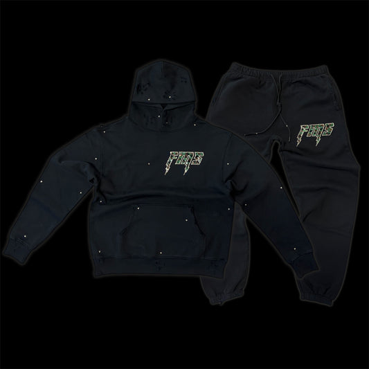 FMS CAMO SWAROVSKI  RHINESTONE DISTRESSED SWEATSUIT ~ BLACK ~
